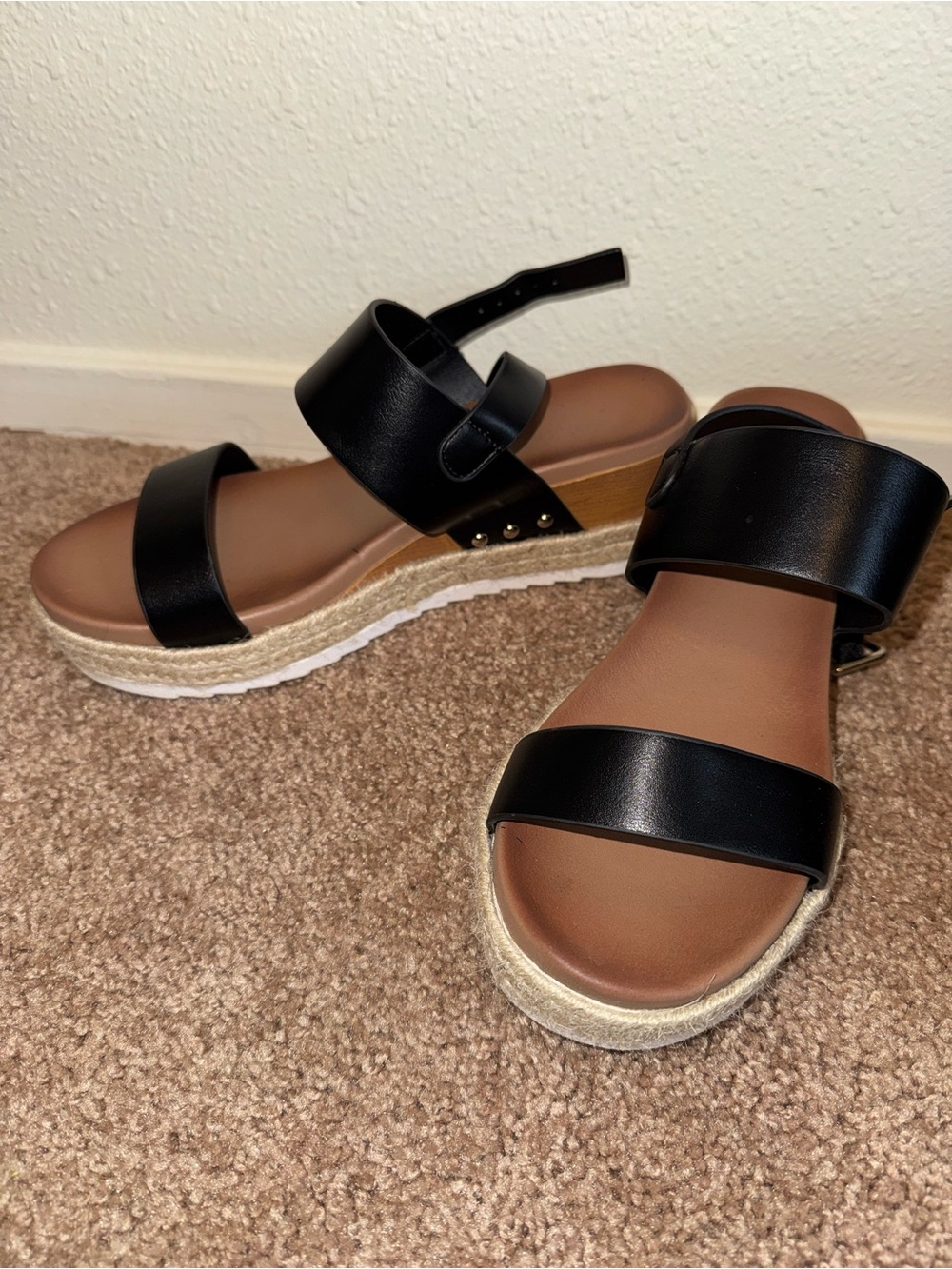 Dominique Black Leather Platform Sandals with Brown Footbed
